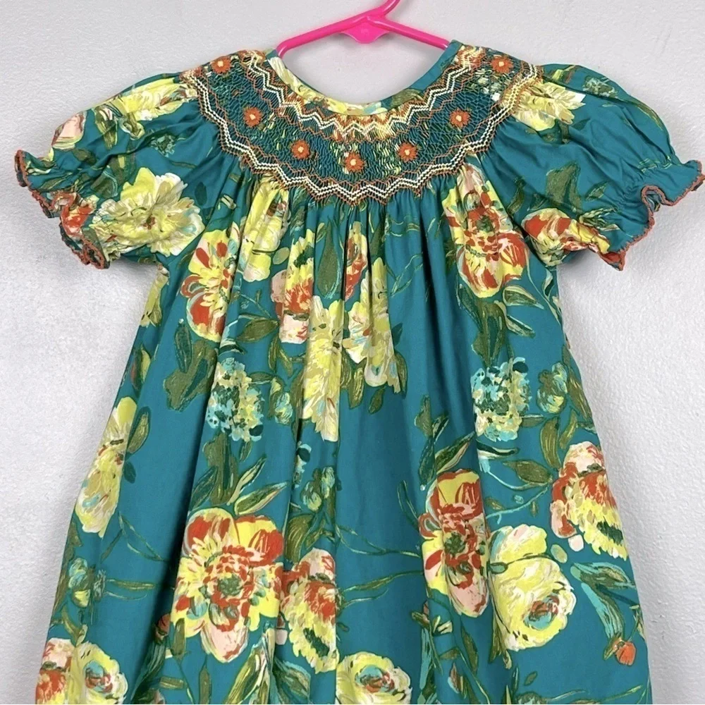 Le’ Za Me green yellow orange smocked full length balloon jumper, size 12 mos.